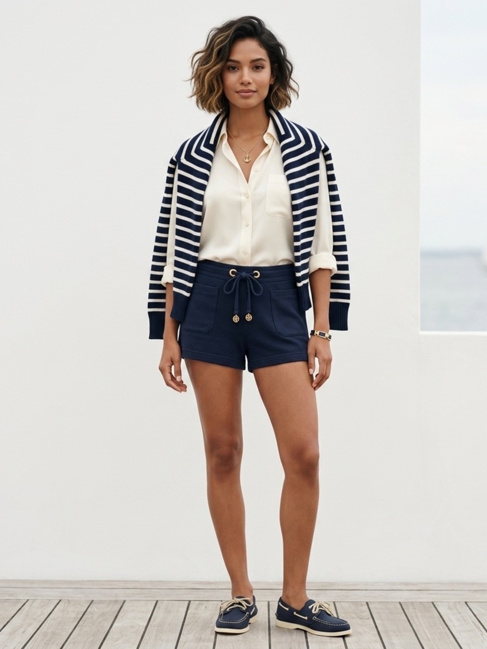 Tory Burch Taylor Navy Cotton Shorts Size L Preppy Classic Summer Nautical